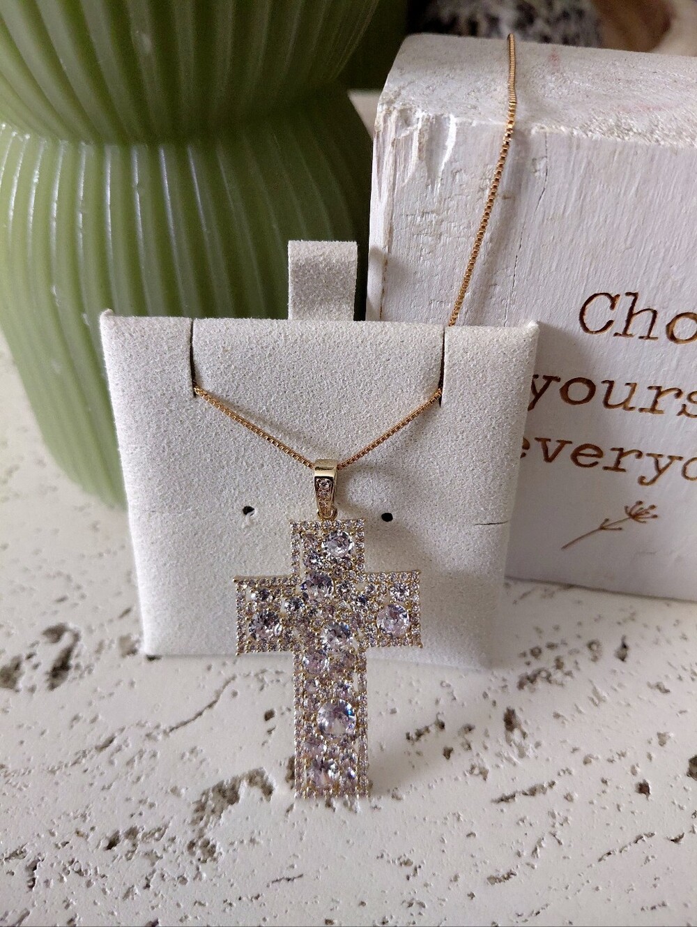 Gold-Tone Crystal Cross Necklace – Sparkling Clear Stones